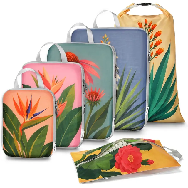 gonex-tropical-floral-compression-packing-cubes-botanical-print-double-zipper-sp image 1