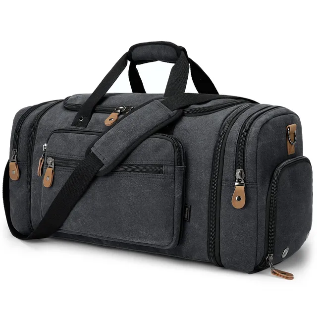 gonex-60l-canvas-duffle-bag-with-shoe-compartment-weekender-travel-duffel-with-l image 1