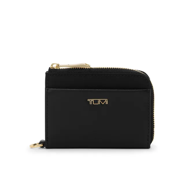 tumi-l-zip-card-case-wallet-black-gold-leather-slim-card-holder-with-key-leash image 1