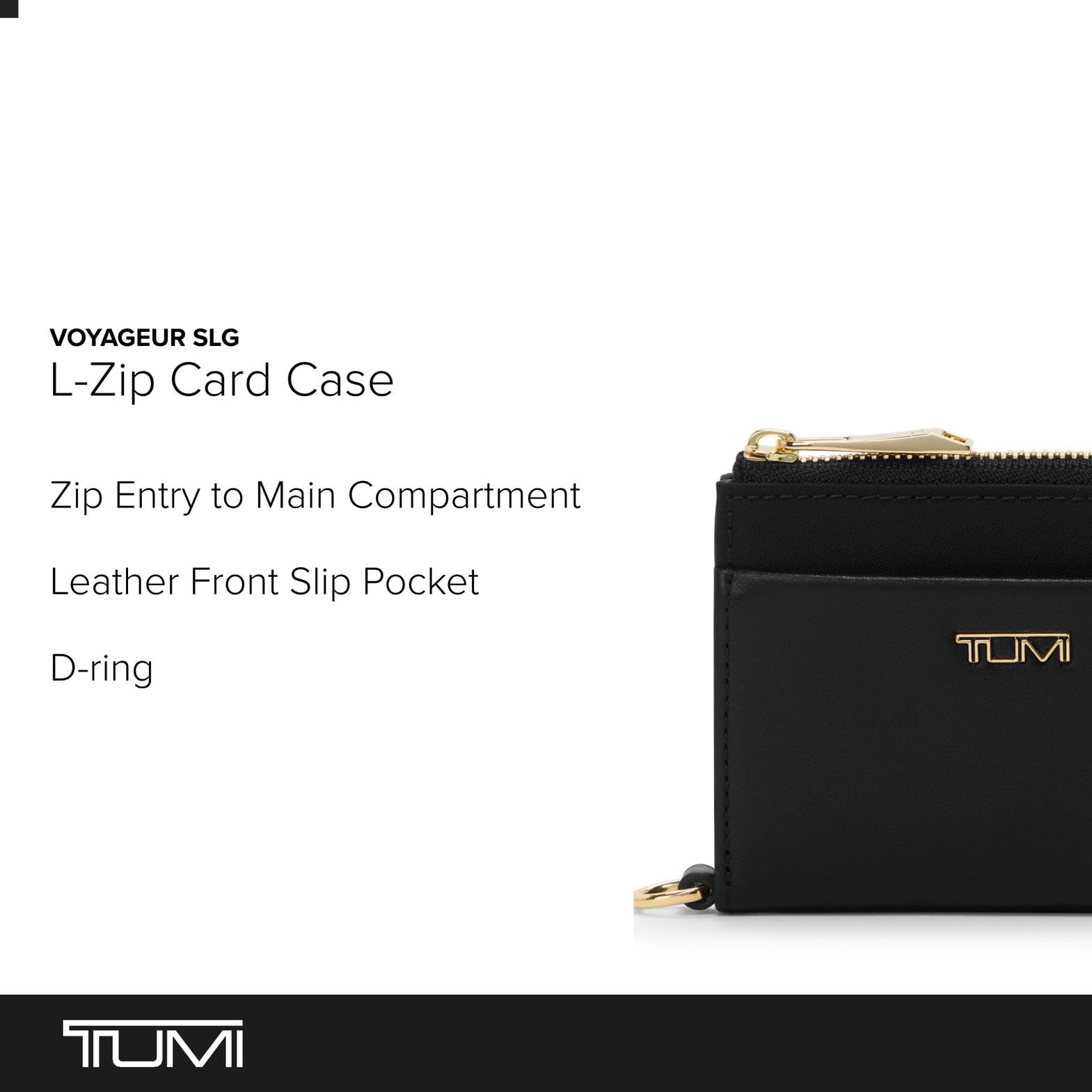 tumi-l-zip-card-case-wallet-black-gold-leather-slim-card-holder-with-key-leash image 2