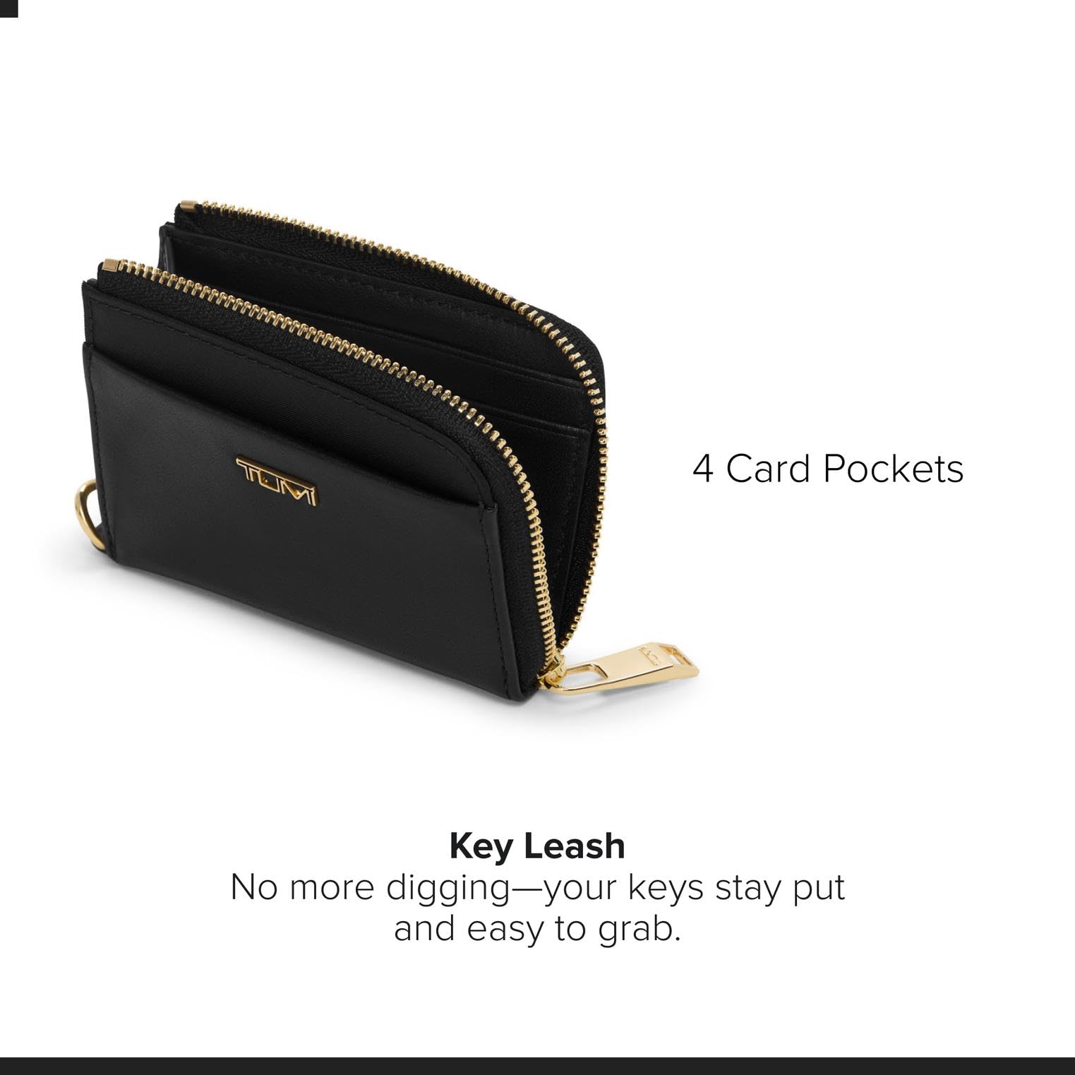 tumi-l-zip-card-case-wallet-black-gold-leather-slim-card-holder-with-key-leash image 3