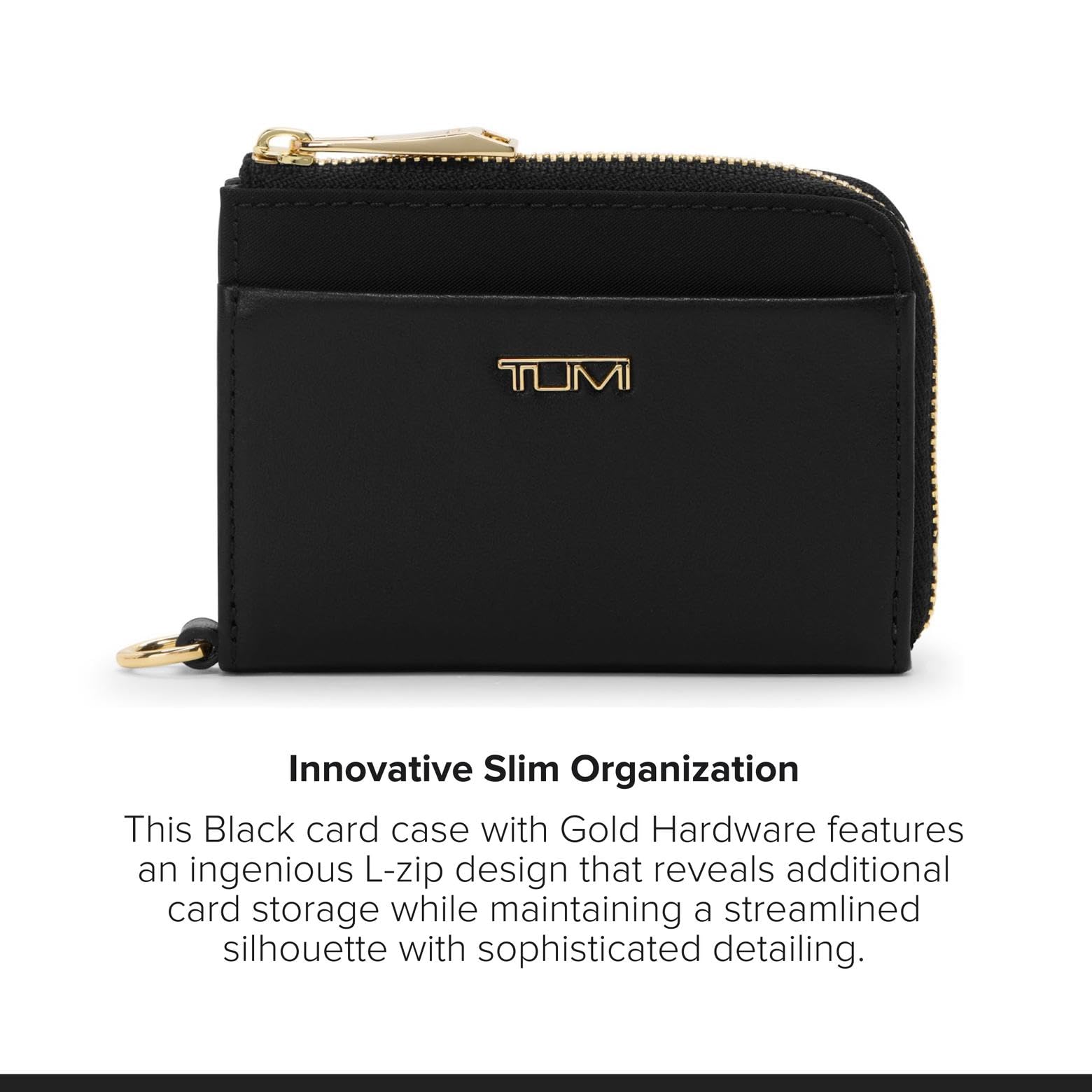 tumi-l-zip-card-case-wallet-black-gold-leather-slim-card-holder-with-key-leash image 5