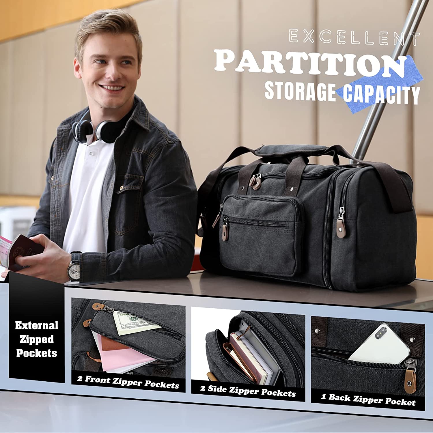 gonex-60l-canvas-duffle-bag-expandable-weekender-with-bronze-hardware image 3