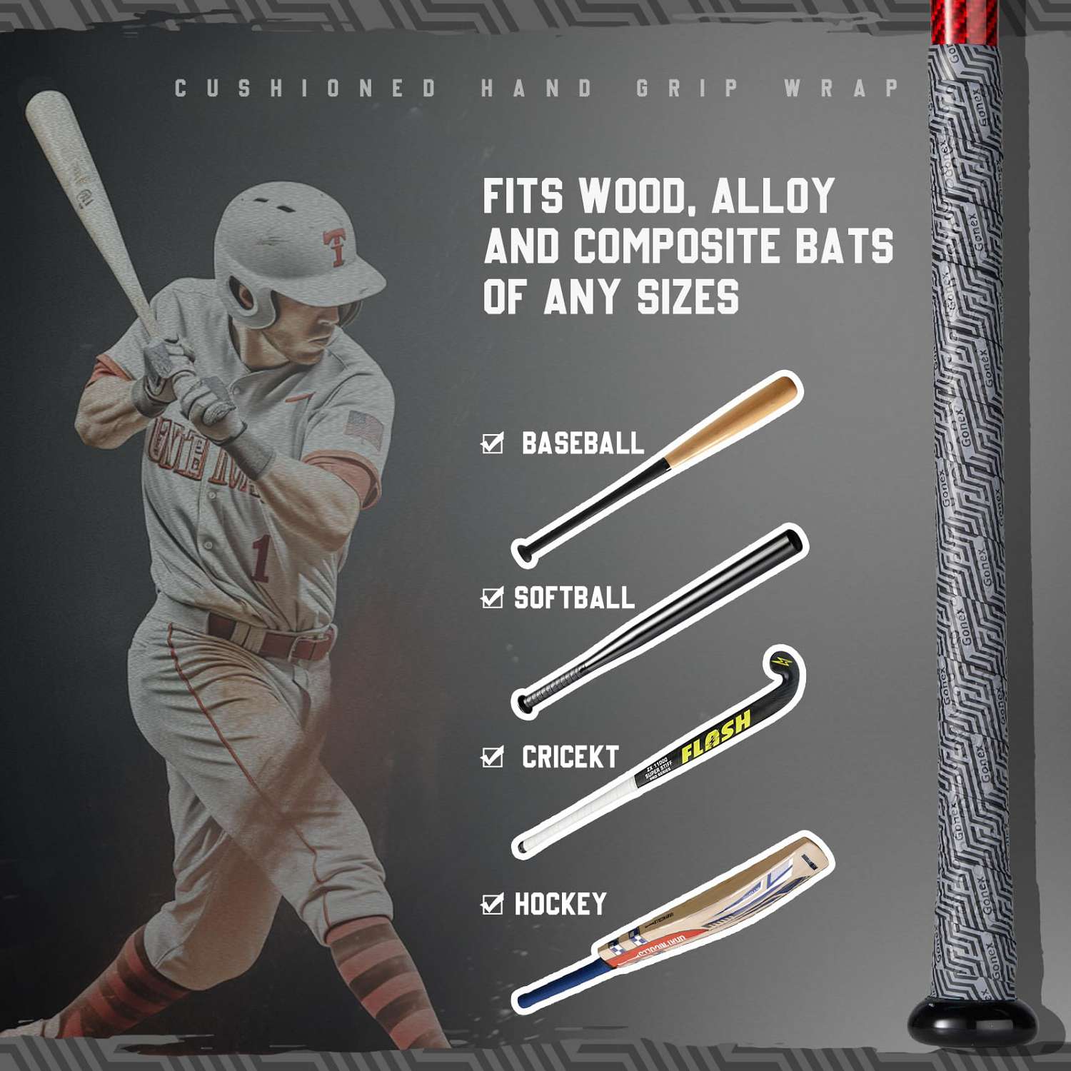 gonex-baseball-bat-grip-tape-black-silver-geometric-zigzag-non-slip-wrap-40-1-ro image 3