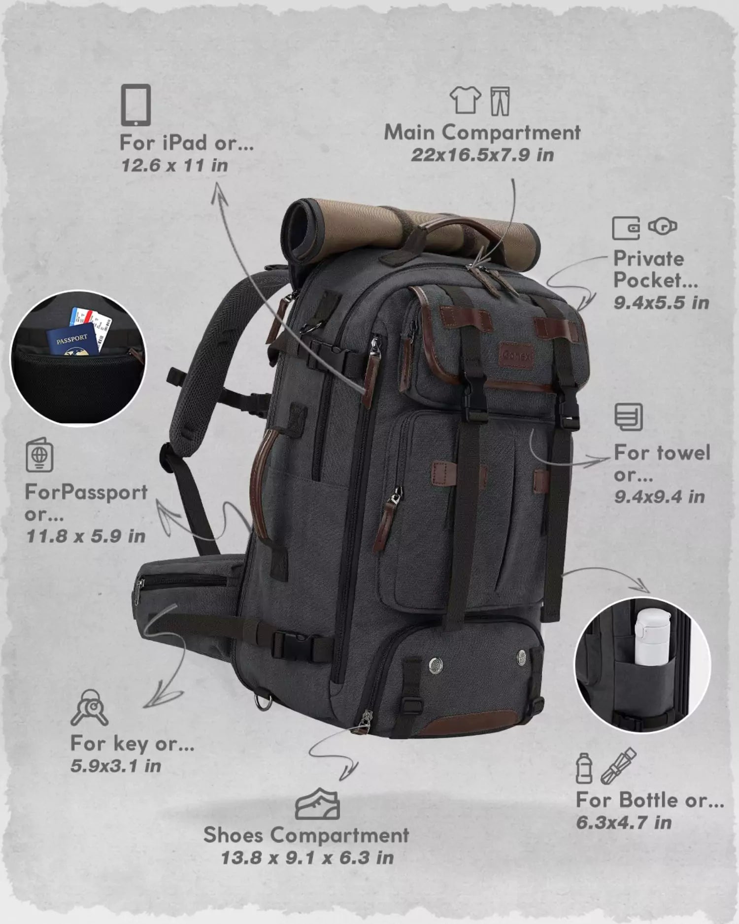 gonex-vintage-canvas-backpack-3-in-1-convertible-travel-bag-expandable-40l-to-45 image 5