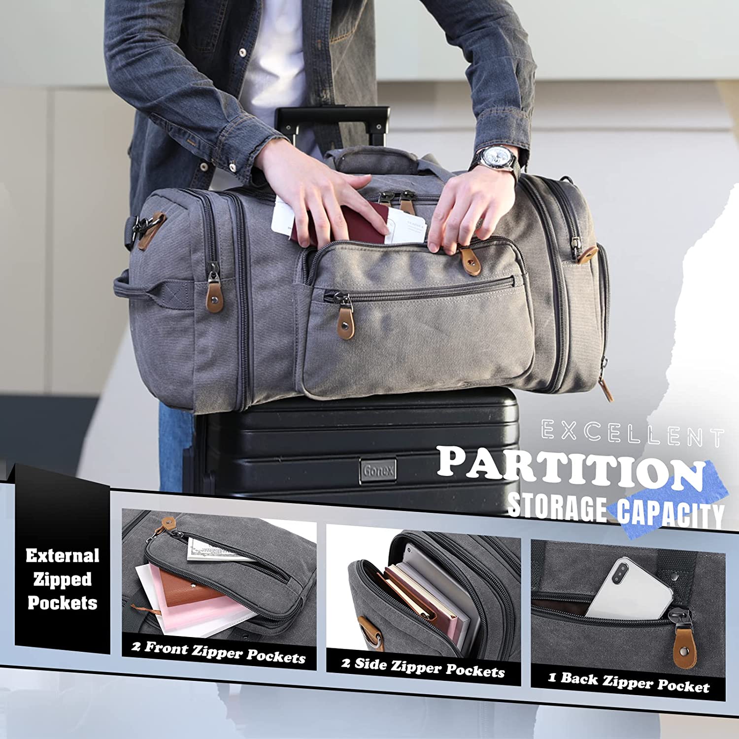 gonex-60l-canvas-duffle-bag-with-shoe-compartment-weekender-travel-duffel-with-l image 7