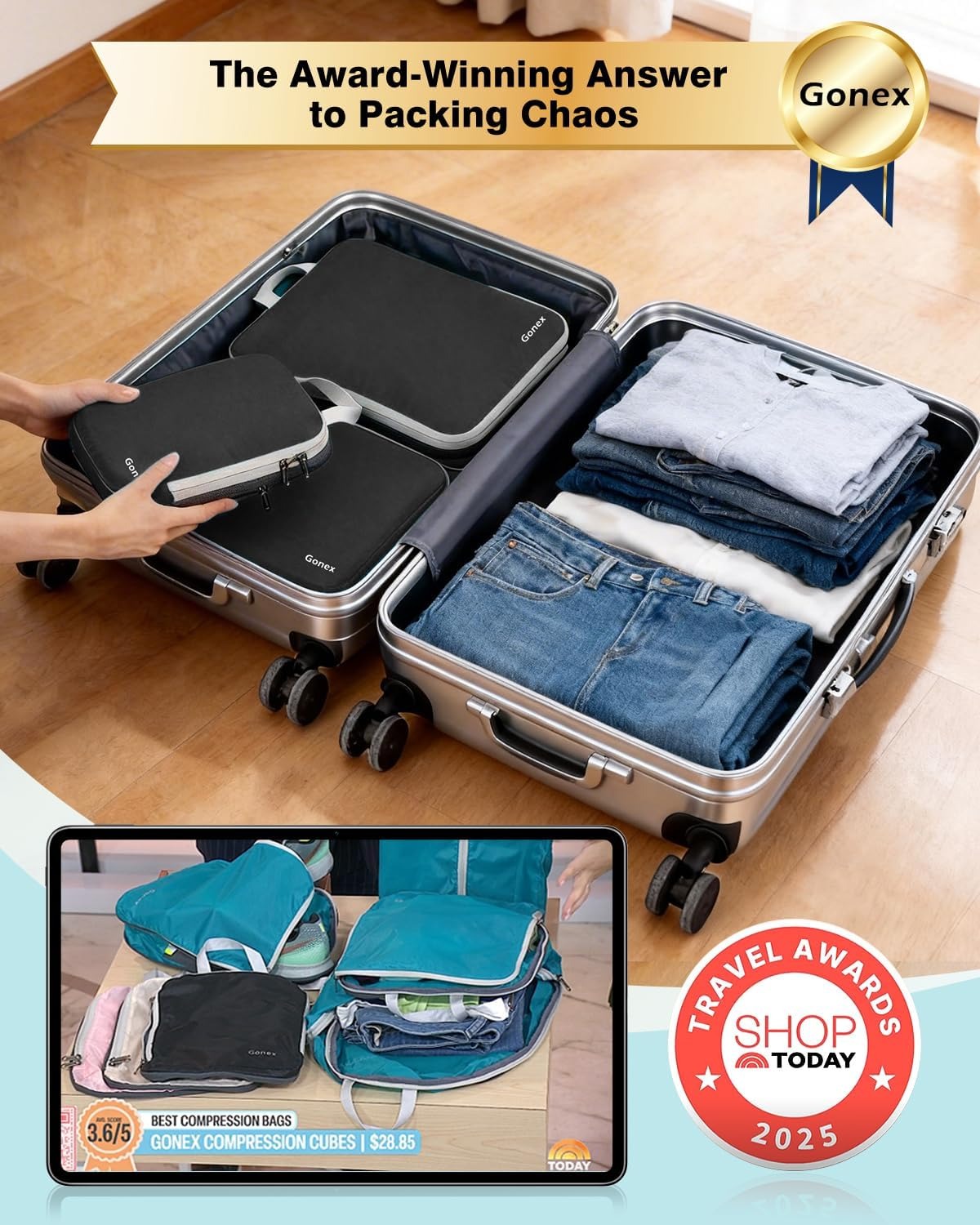 gonex-compression-packing-cubes-set-4pcs-expandable-rip-stop-nylon-luggage-organ image 3