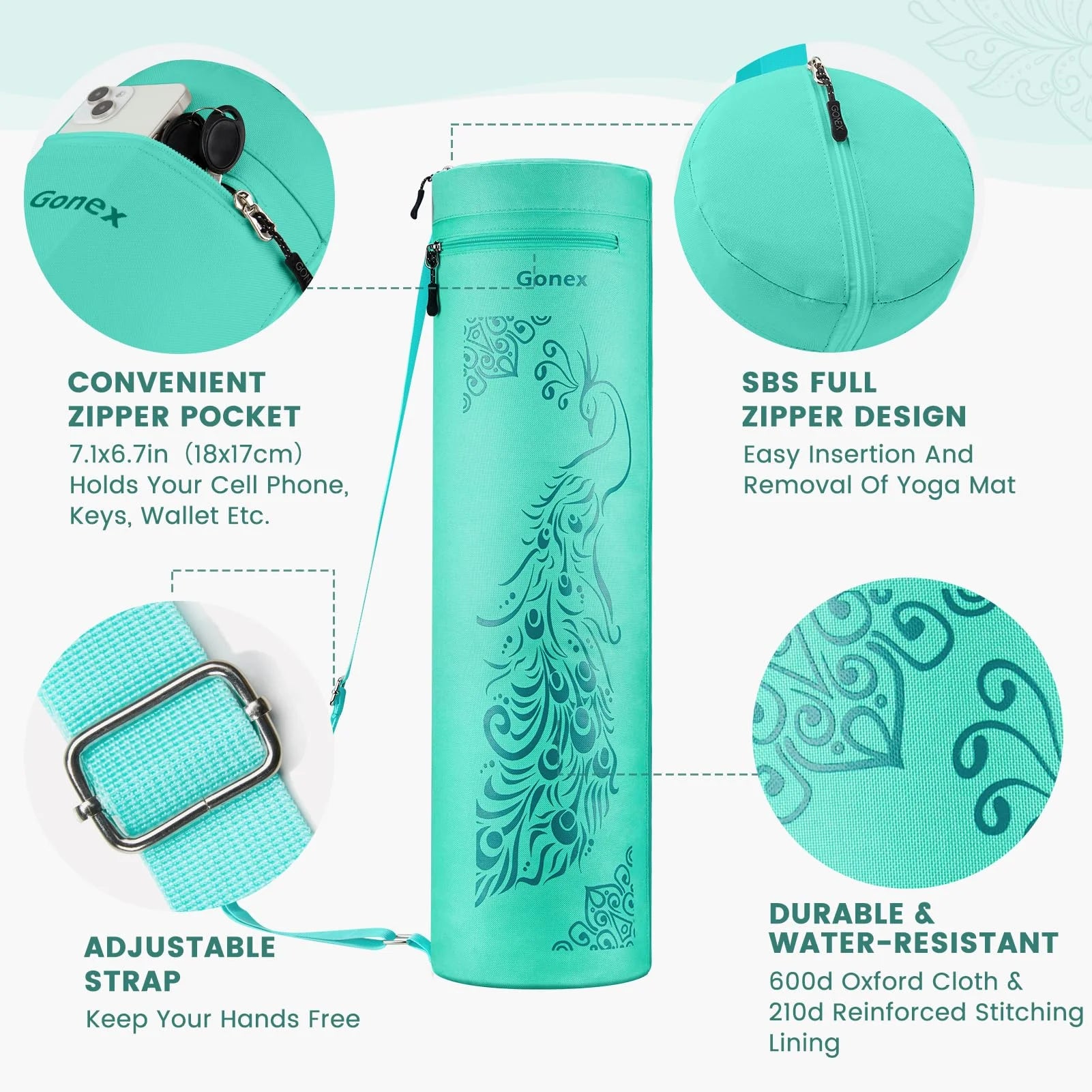 gonex-yoga-mat-bag-with-peacock-pattern-water-resistant-600d-oxford-cloth-carrie image 4