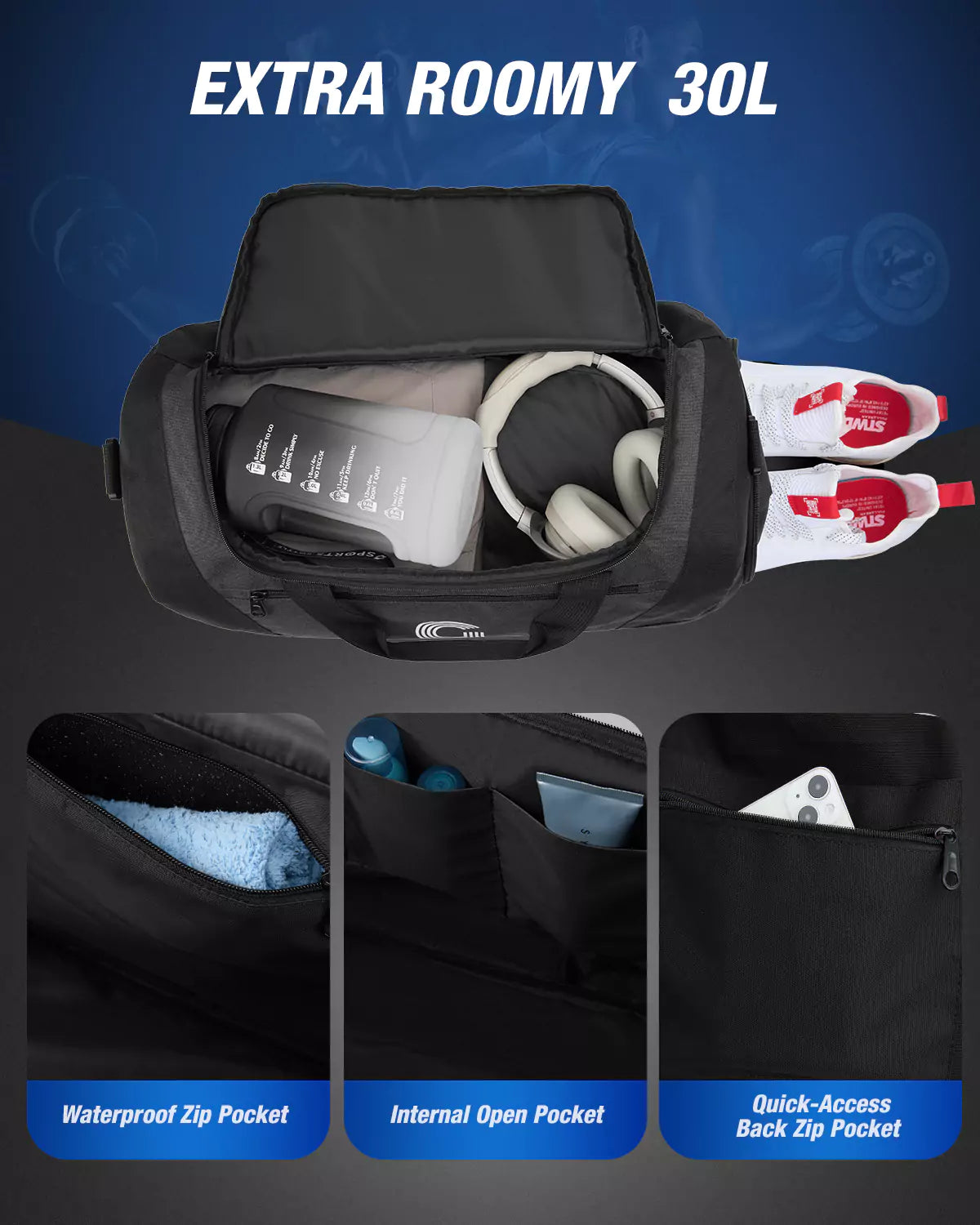 gonex-30l-sports-gym-duffle-bag-water-resistant-with-ventilated-shoe-compartment image 3