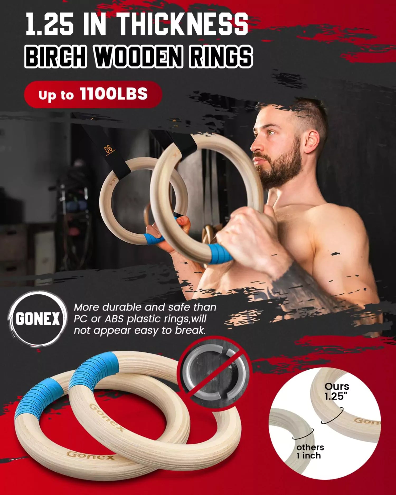 gonex-wooden-gymnastic-rings-for-workouts-exercises-with-precision-numbered-stra image 2