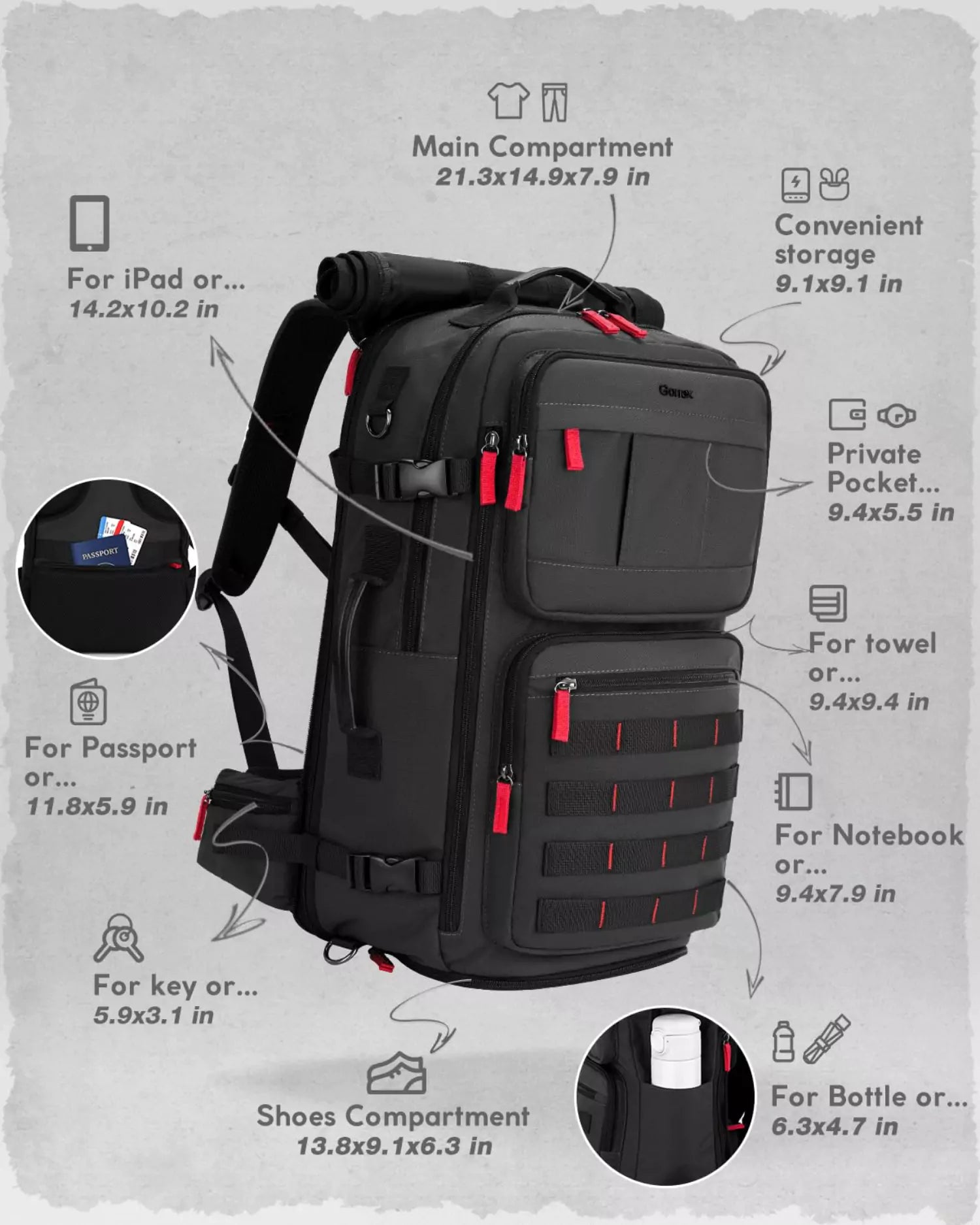 gonex-nylon-carry-on-travel-backpack-45l-ultralight-9-pocket-weekender image 6