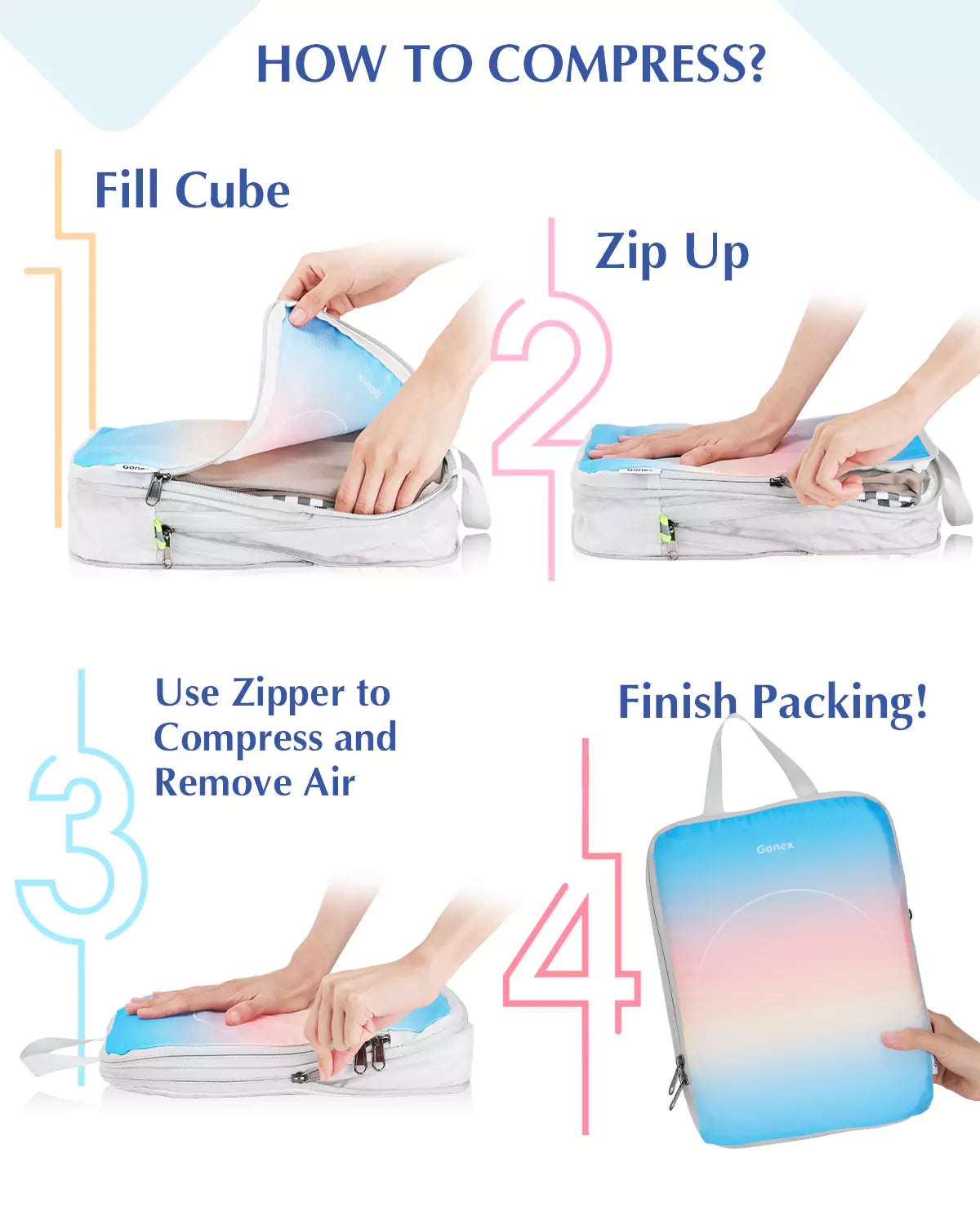 gonex-sunset-gradient-compression-packing-cubes-dual-zipper-space-saving-travel- image 5