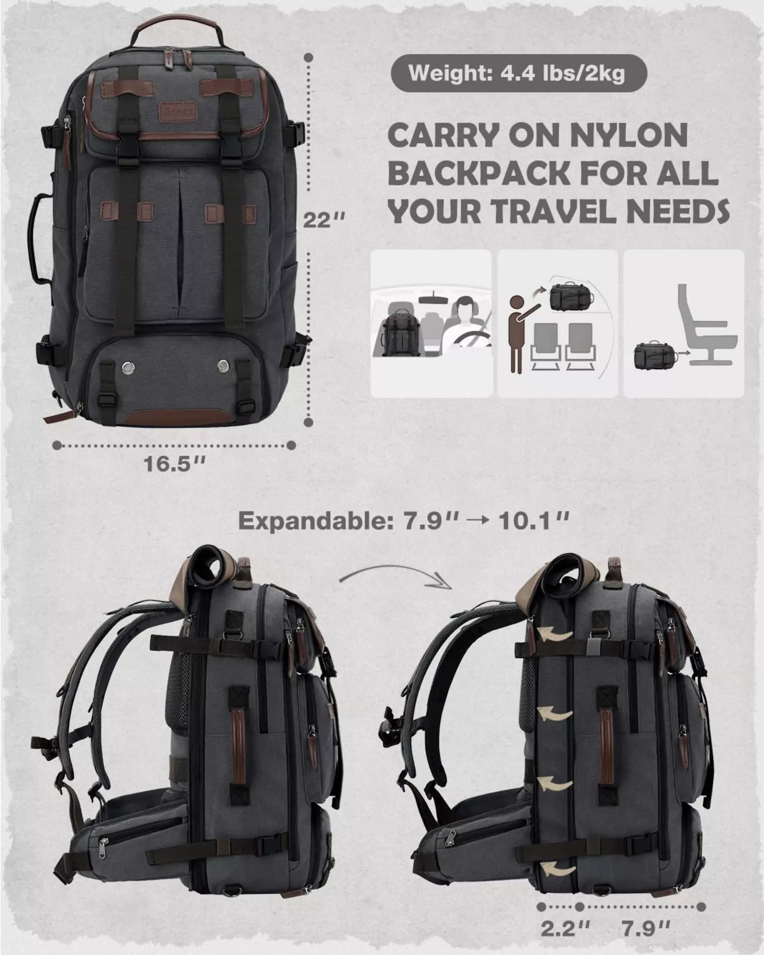 gonex-vintage-canvas-backpack-3-in-1-convertible-travel-bag-expandable-40l-to-45 image 4