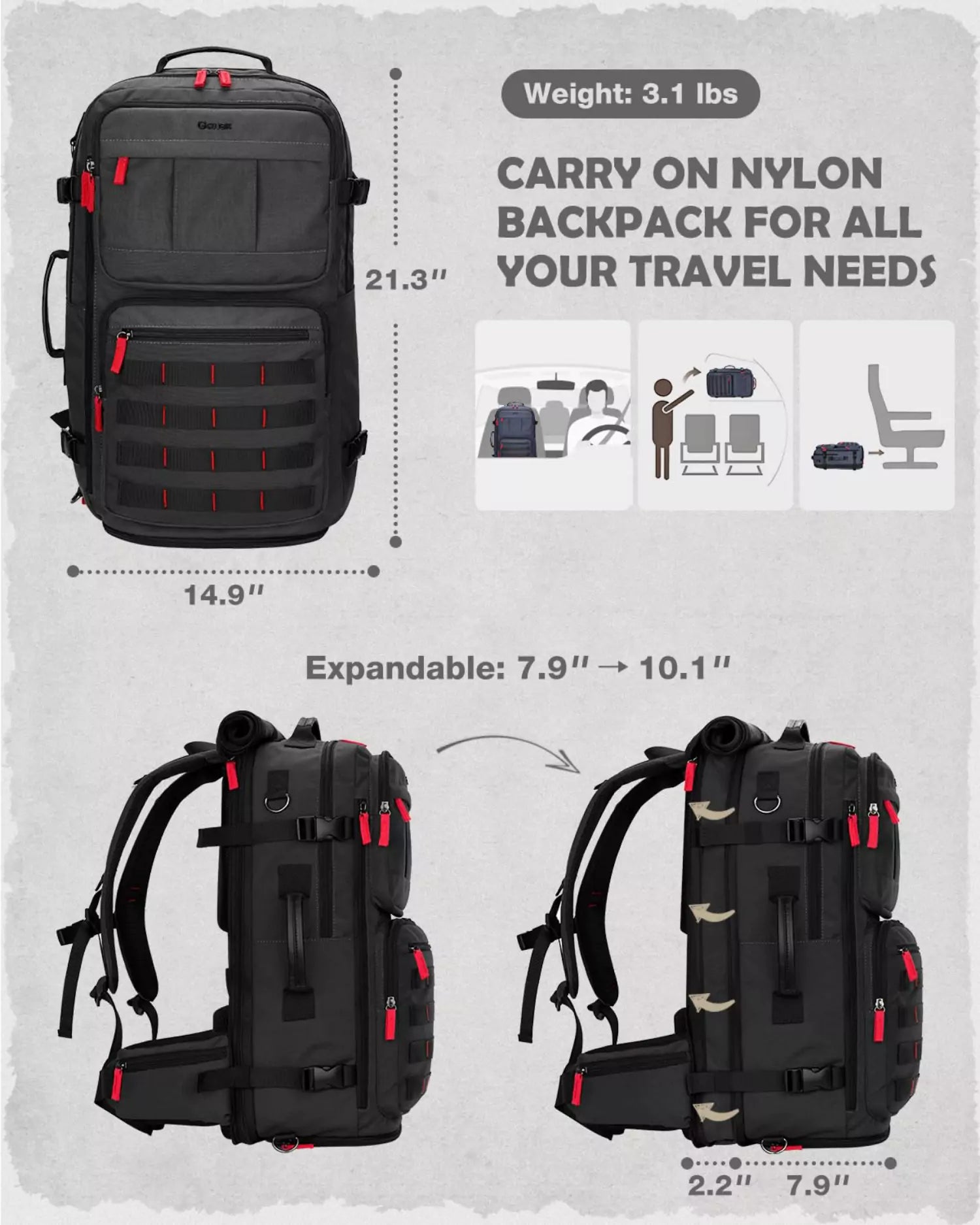 gonex-nylon-carry-on-travel-backpack-45l-ultralight-9-pocket-weekender image 5