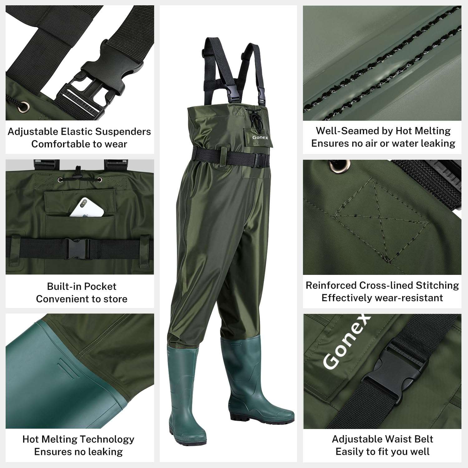 gonex-chest-waders-sizes-9-14-lightweight-70d-nylon-pvc-waterproof-fishing-wader image 2