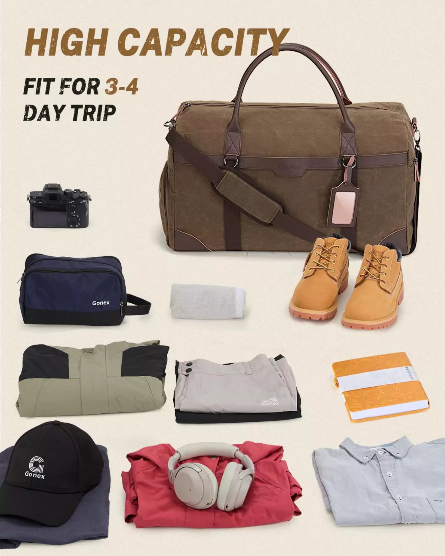 gonex-55l-waxed-canvas-duffle-bag-with-shoes-compartment-water-resistant-weekend image 8